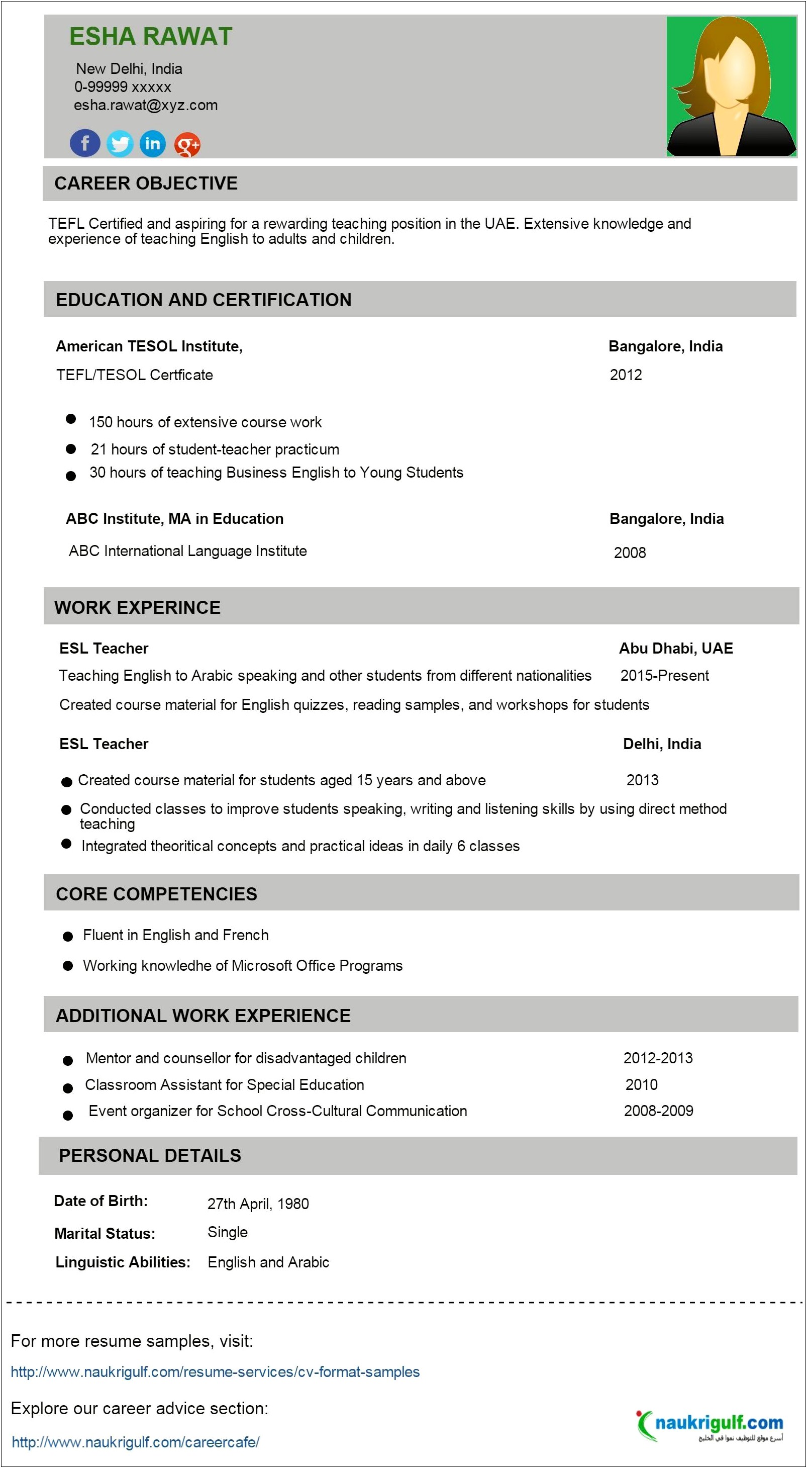Best Resume Sample For Teacher Job