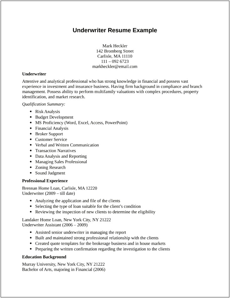 Best Resume Templates For A Morgarge Underwriter