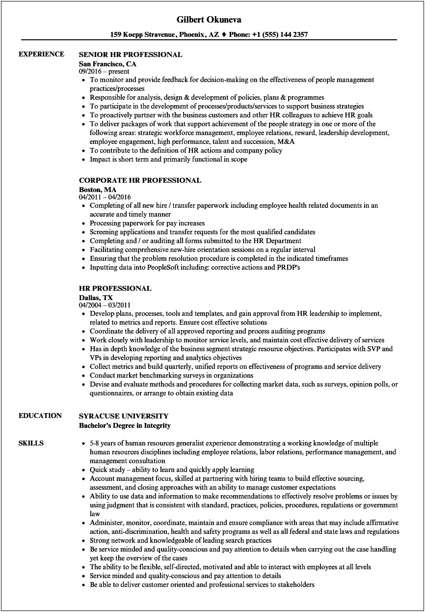 Best Sample Resumes For Human Resources