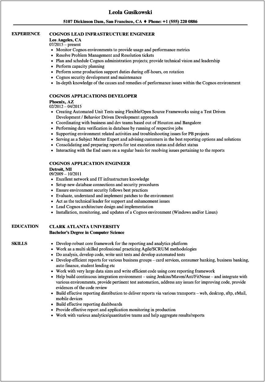 Bi Senior Cognos Technical Lead Sample Resume