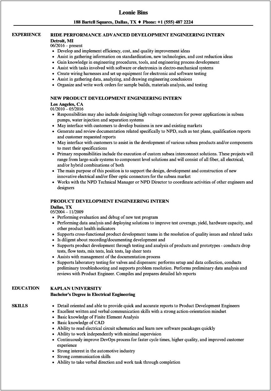 Biomedical Engineering Intern Resume Objective With Device
