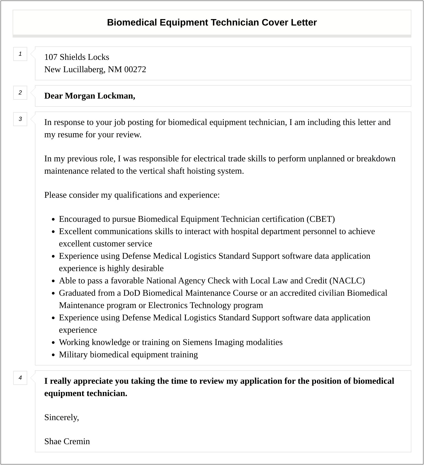 Biomedical Equipment Technician Resume Cover Letter