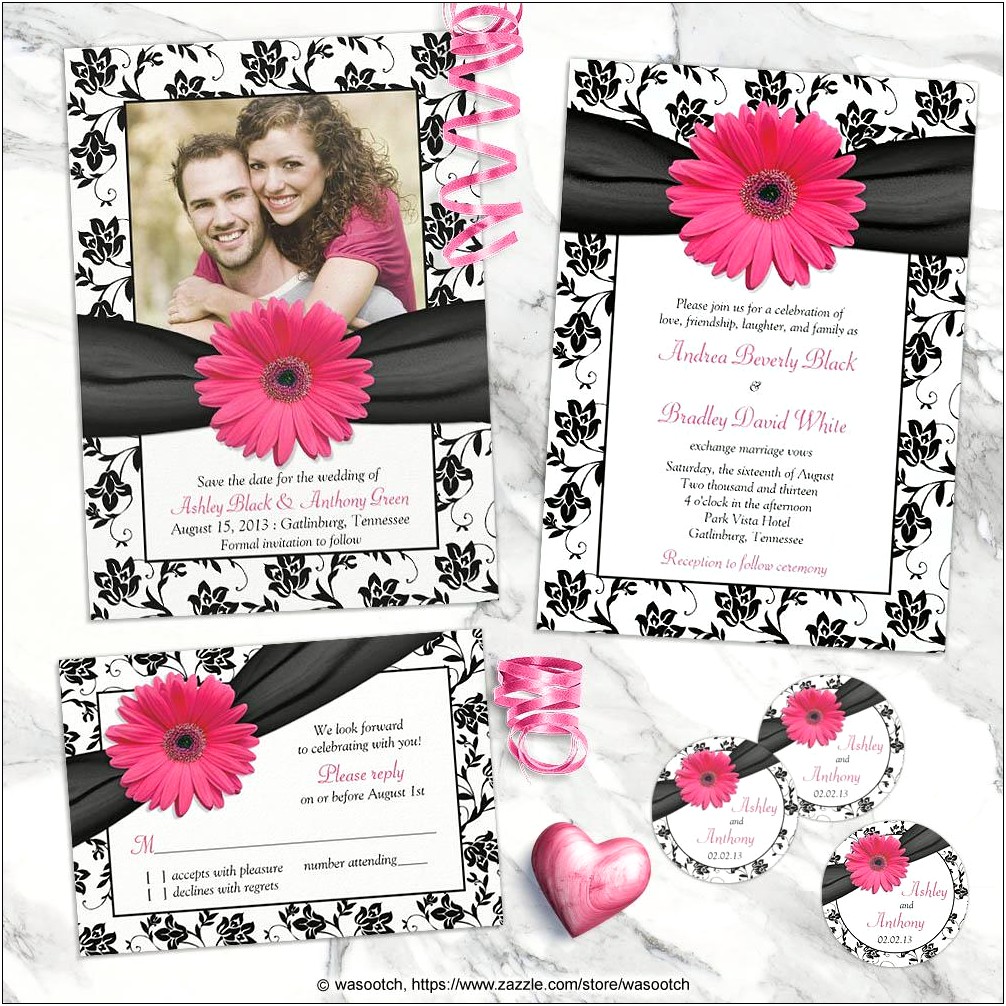 Black And White And Red Damask Wedding Invitations