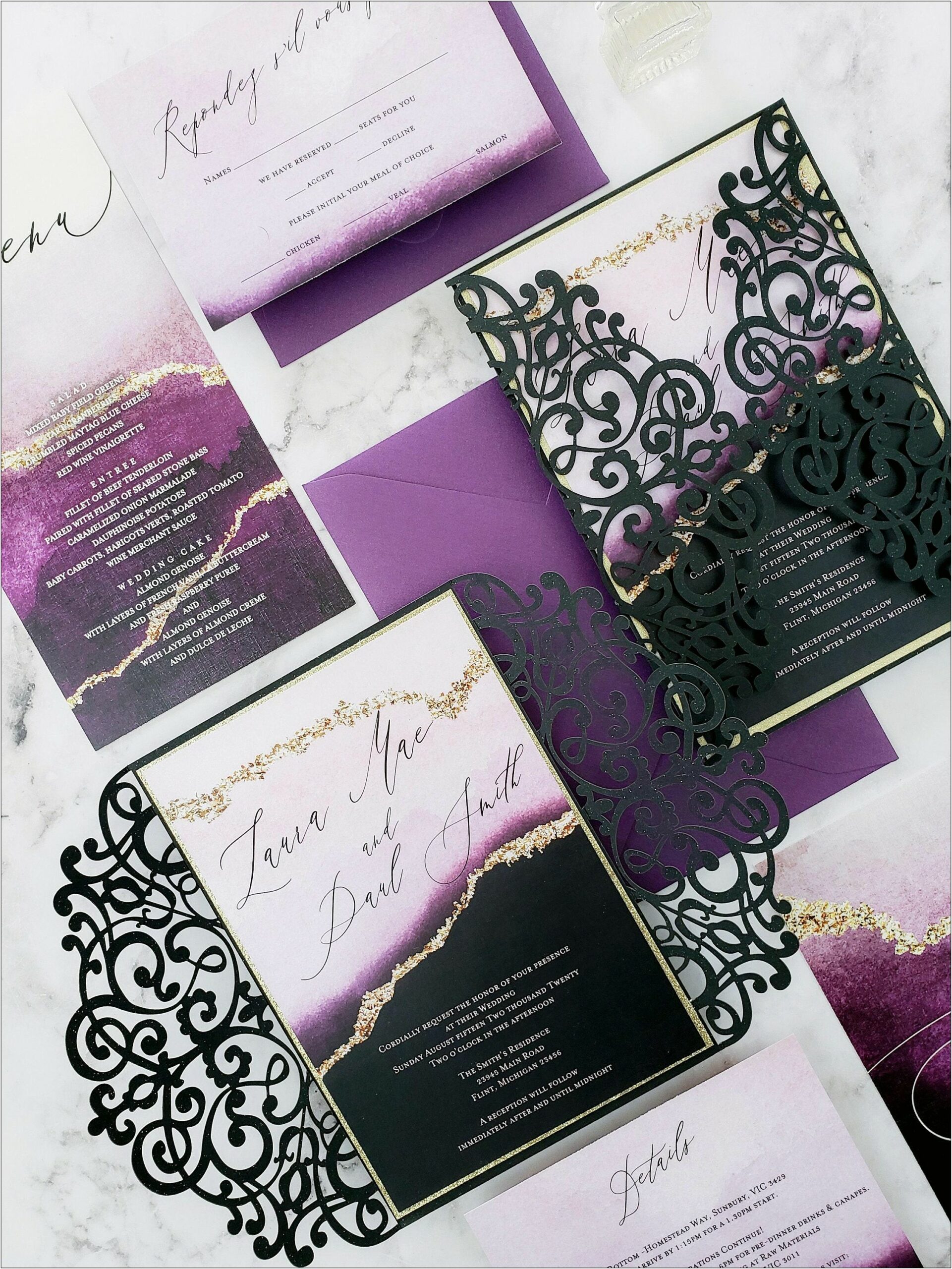 Black Gold Purple Green Wedding Invitations