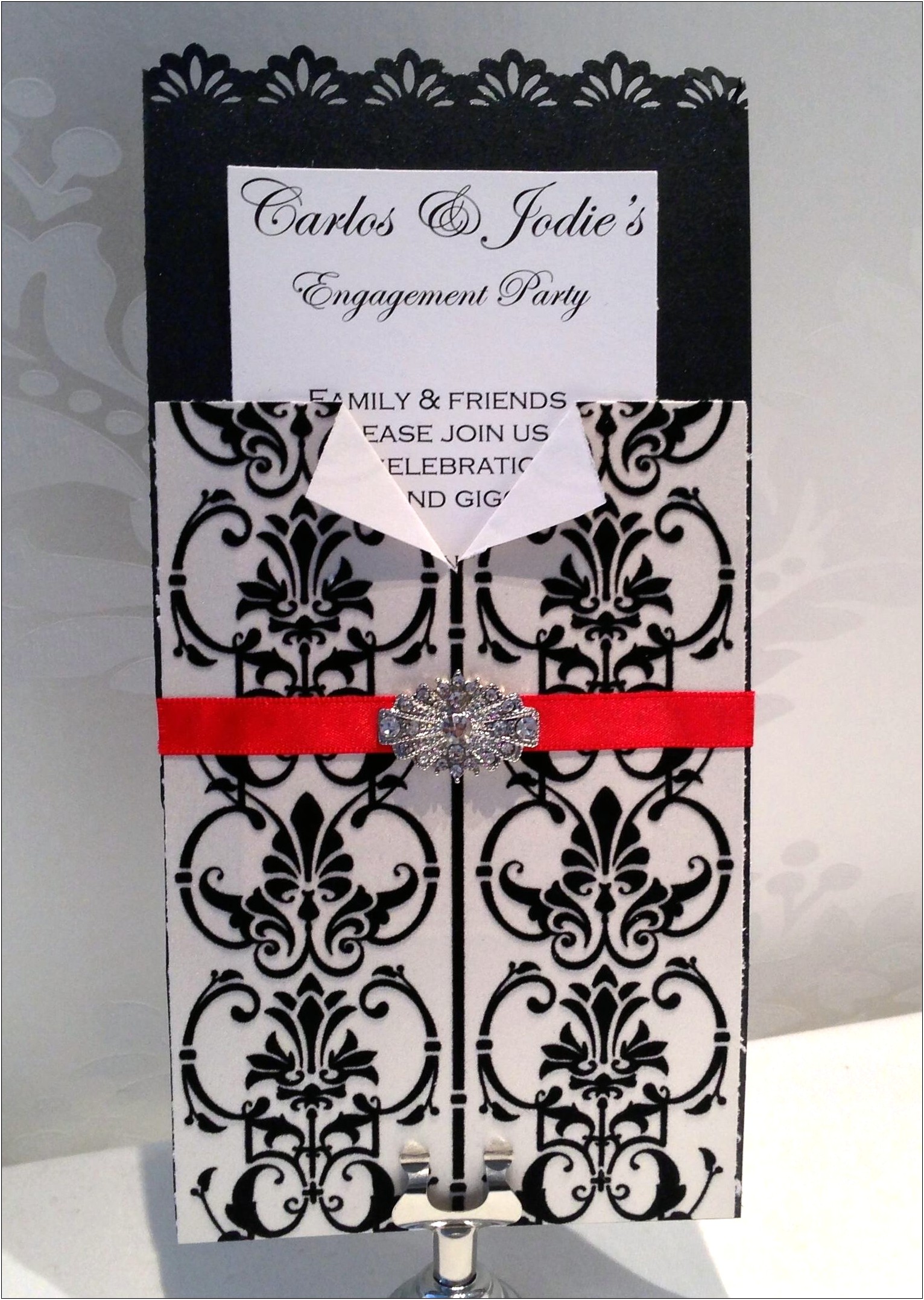 Black White And Red Damask Wedding Invitations
