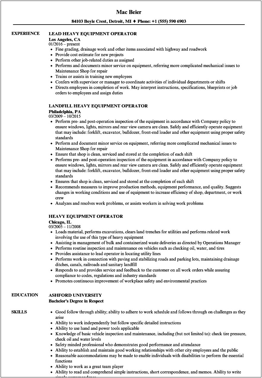 Bobcat Operator Job Description For Resume