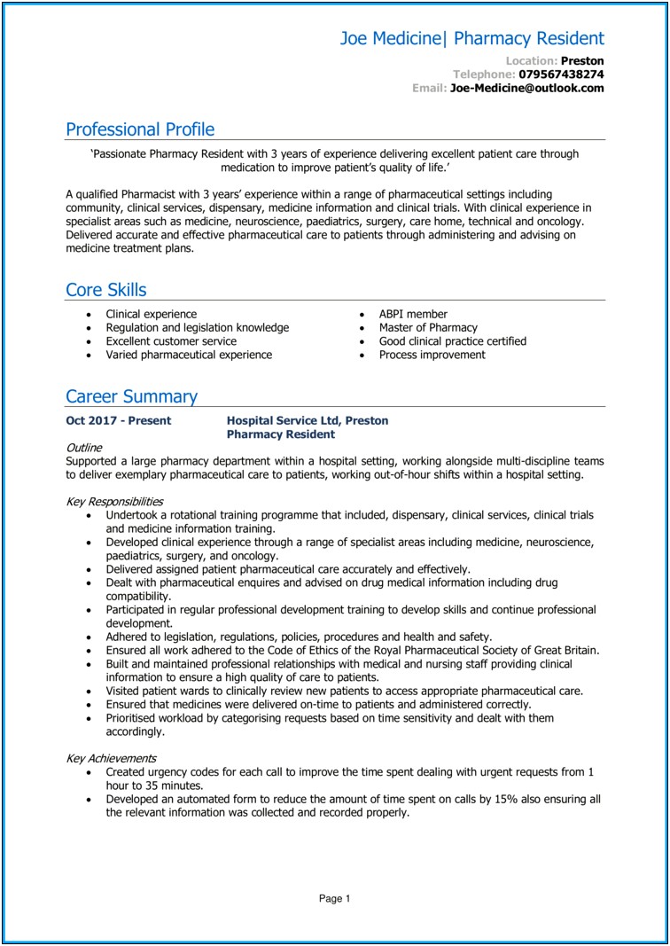 Brief Description Of Resident Job For Resume