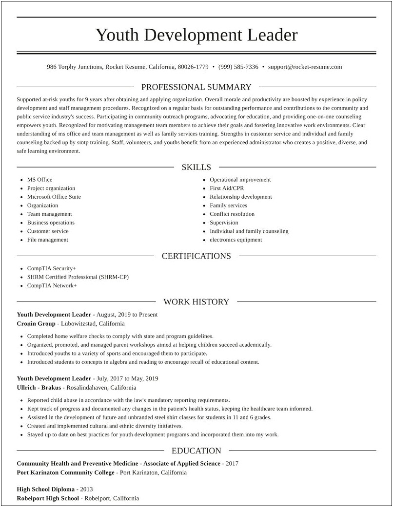 Brief Summarys For Youth Pastor Resume