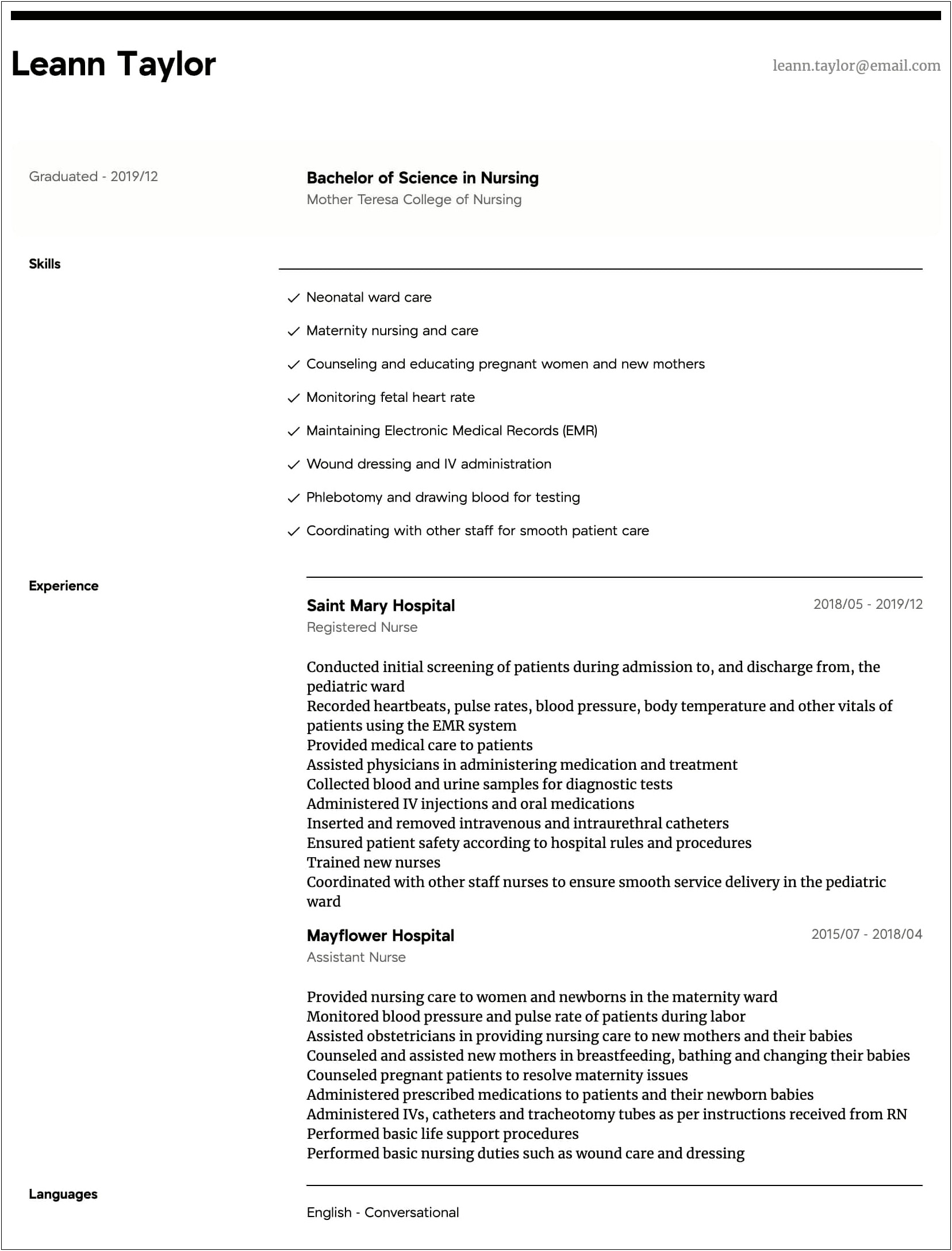 Bsc Nursing Resume Format For Experience