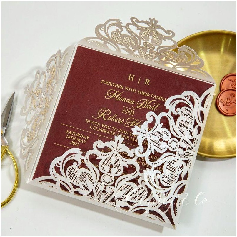 Burgundy And Gold Laser Cut Pocket Wedding Invitation