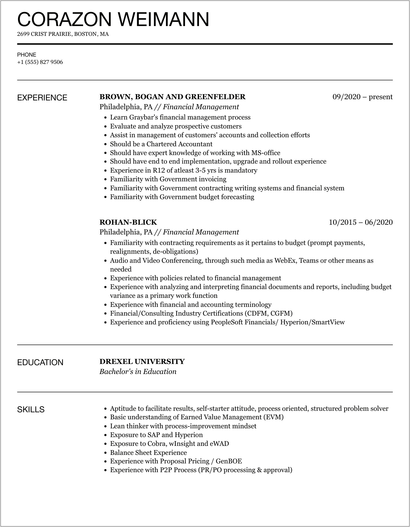 Business Administration Major In Financial Management Resume