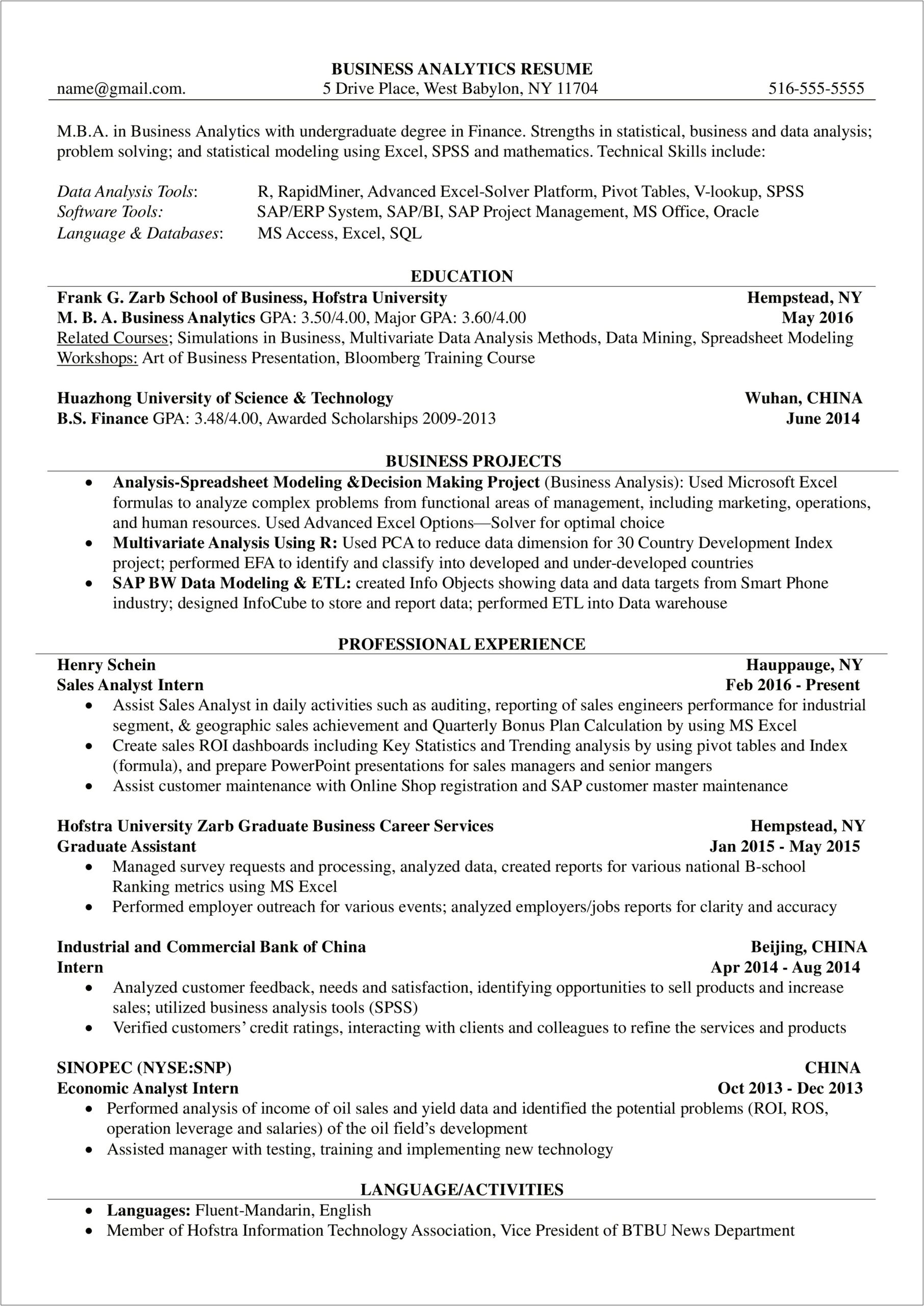 Business Analyst Intern Job Description Resume