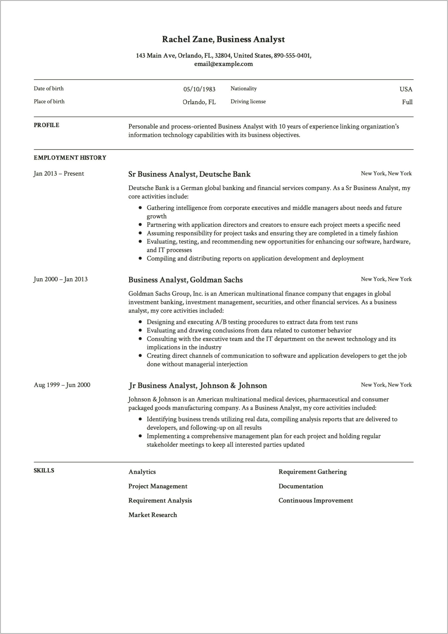Business Analyst Resume In Word Format
