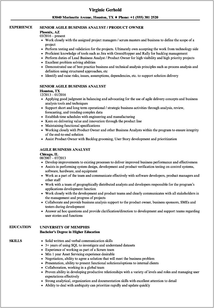 Business Analyst Resume Sample With Agile Experience