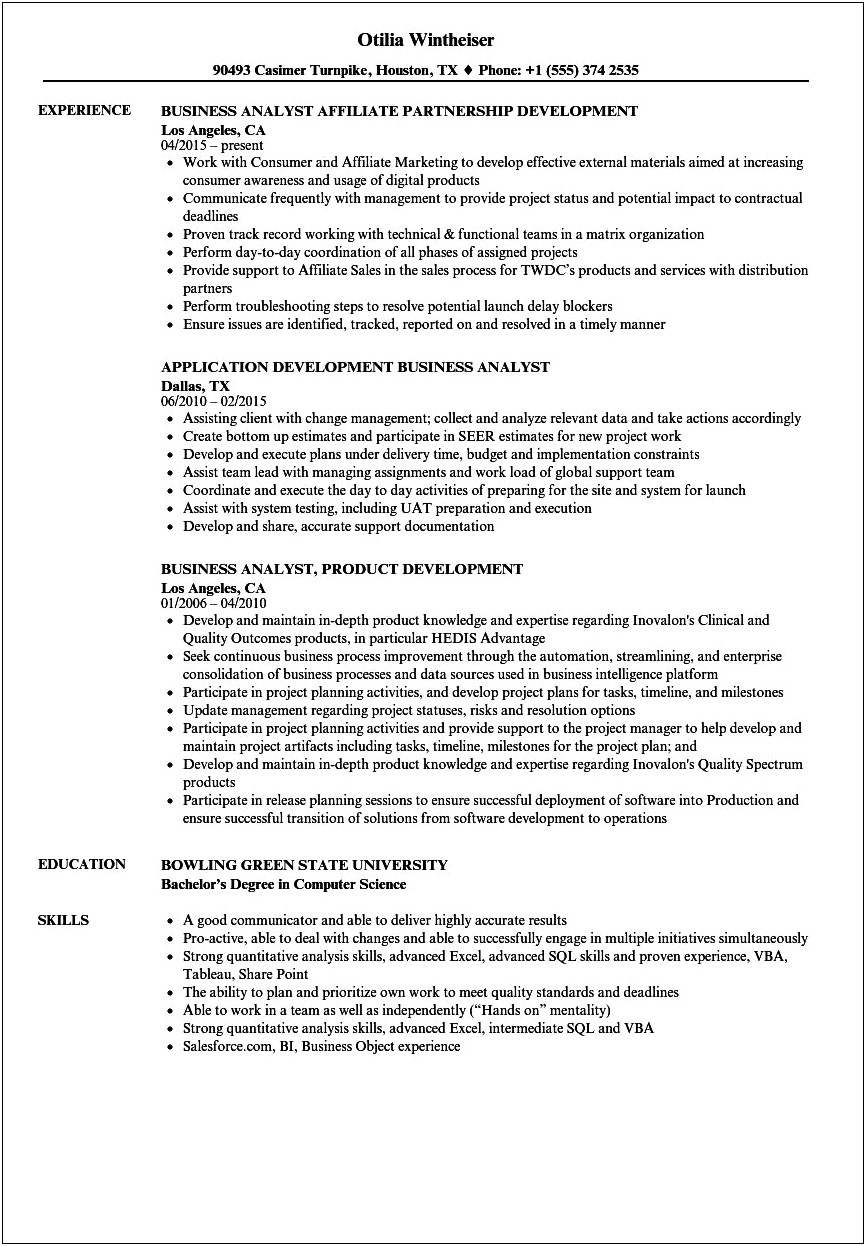 Business Analyst Resume With Sql Experience