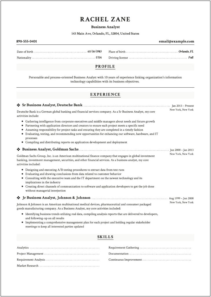 Business Analyst Sample Resume In Hospitality Industry