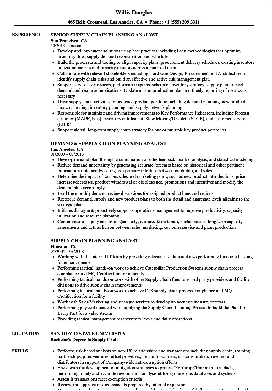 Business Analyst Supply Chain Management Resume