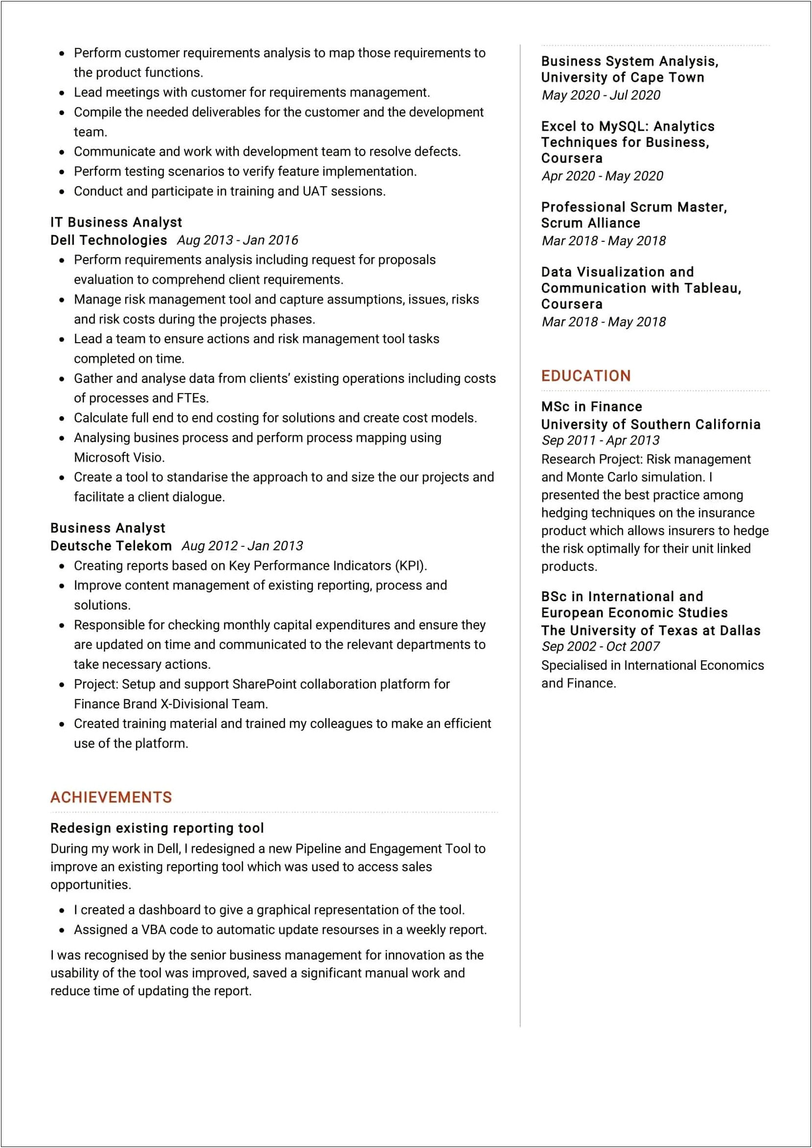 Business Analyst With Capital Markets Experience Resume