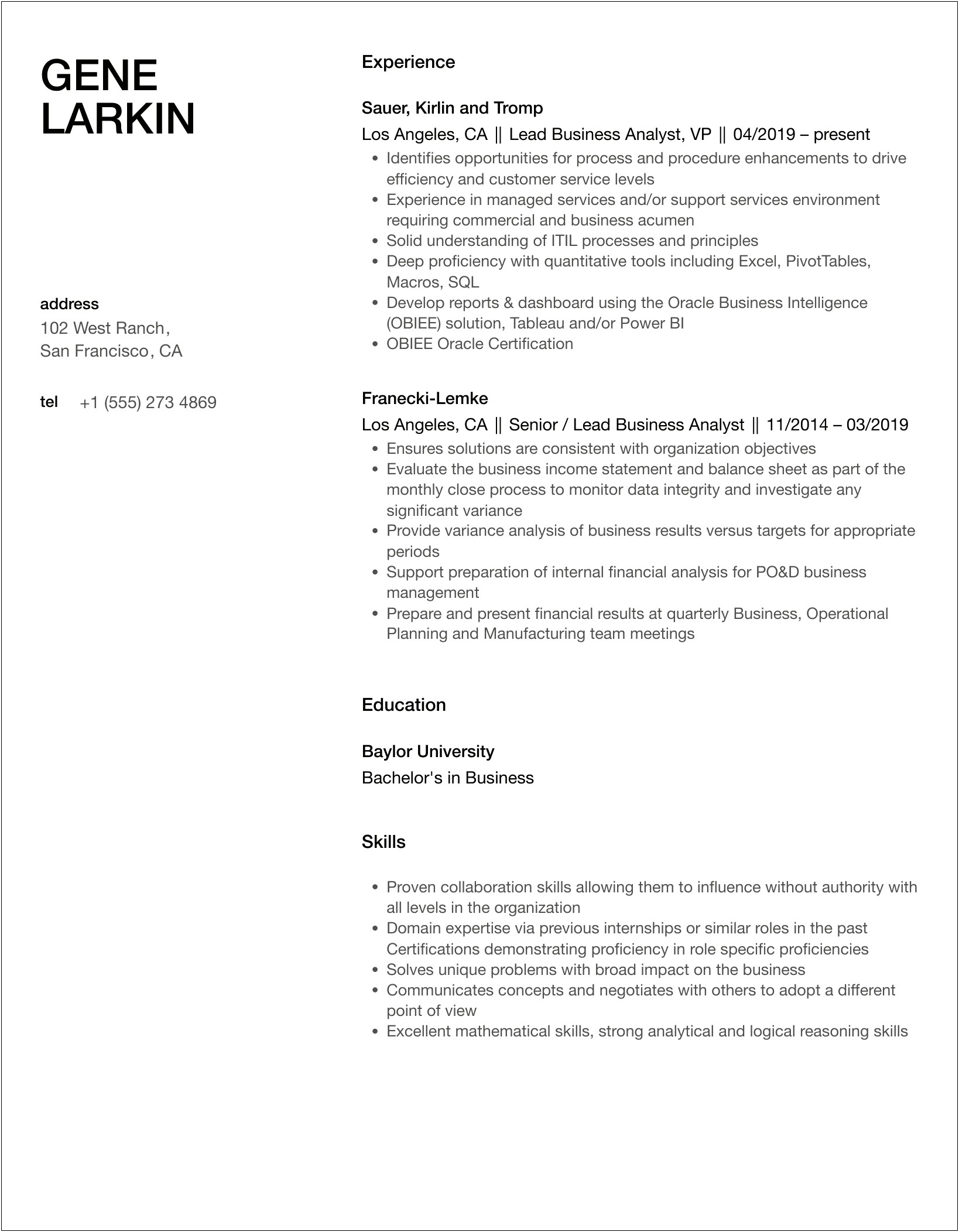 Business Analyst With Mita Resume Samples