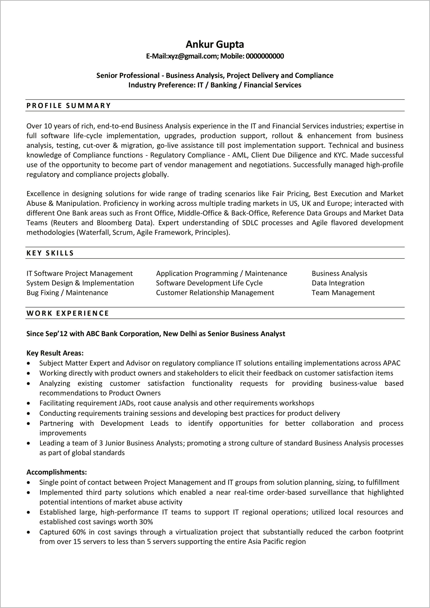 Business Analyst With Project Management Experience Resume