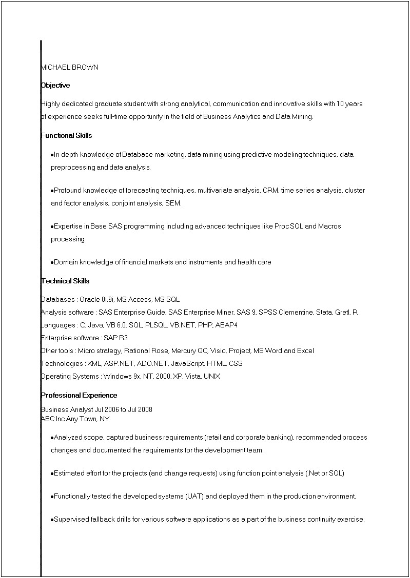 Business Analyst With Retail Experience Sample Resume
