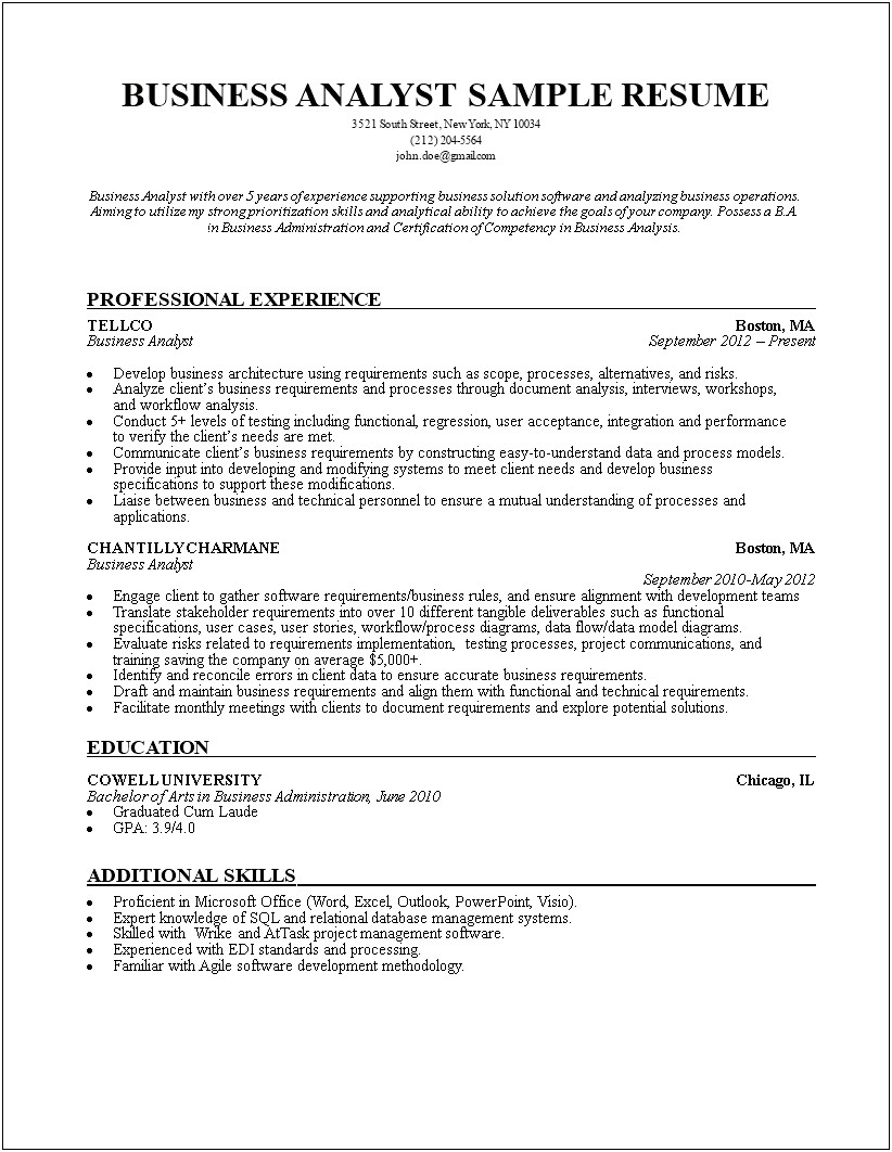 Business Analyst With Sql Experience Resume