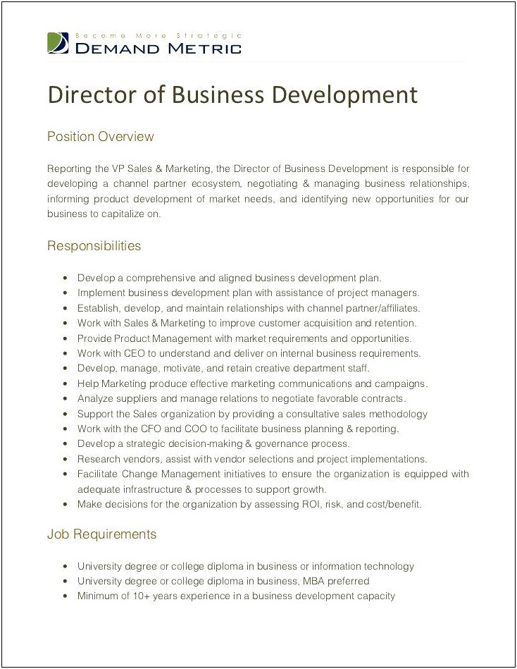 Business Development Manager Description Of Duties Resume