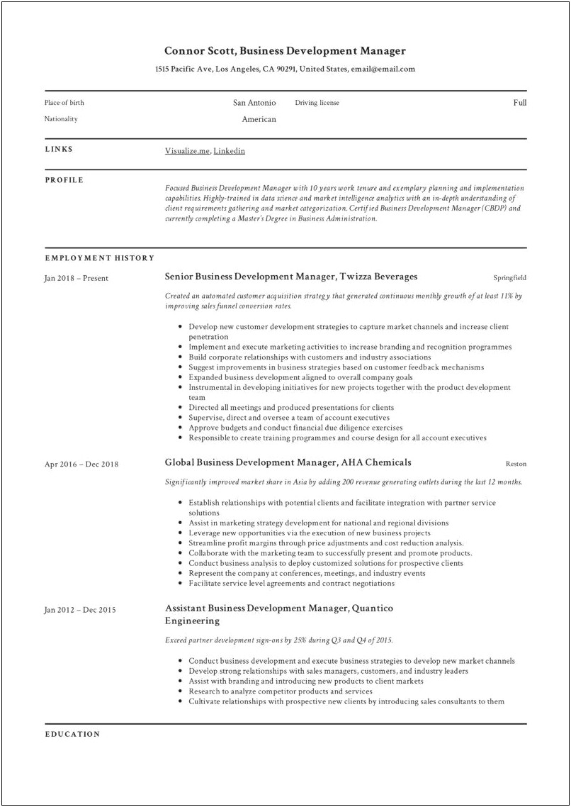 Business Development Manager Resume Skills Section