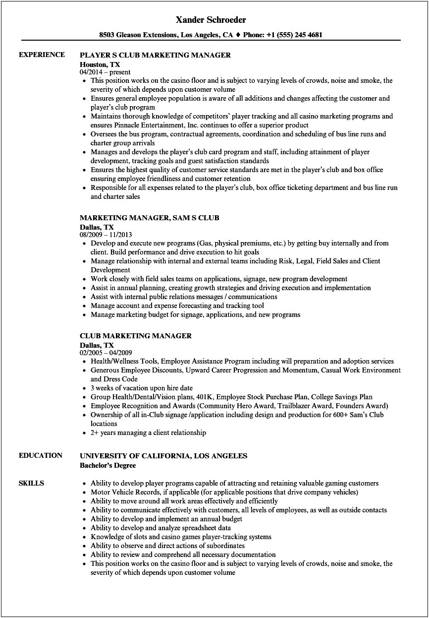 Business Manager Of A College Club Resume Description