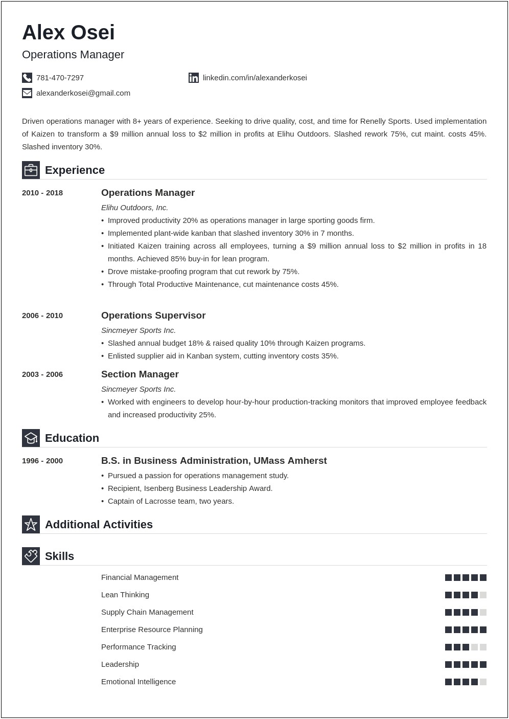 Business Operations Manager Resume Document Sample
