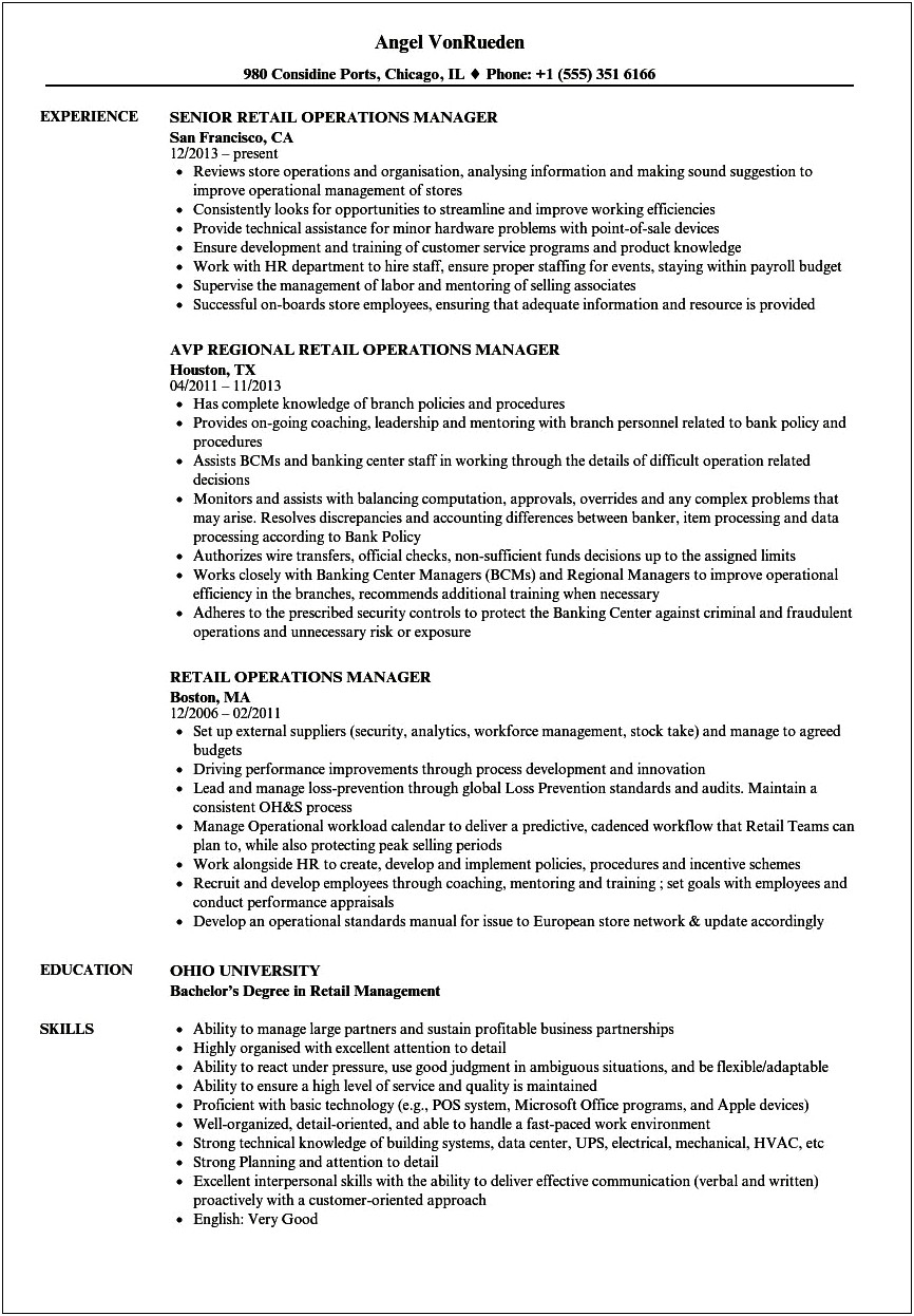 Business Operations Manager Skills For Resume