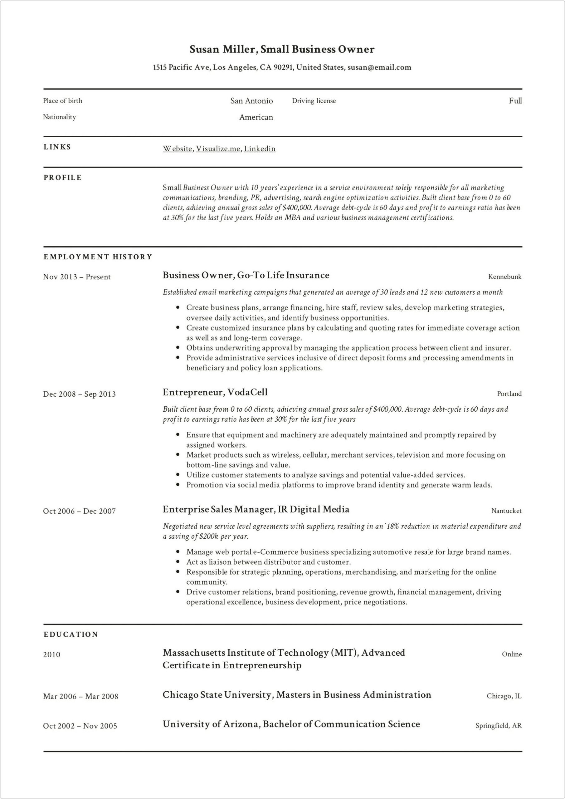 Business Owner Returning To Workforce Resume Examples