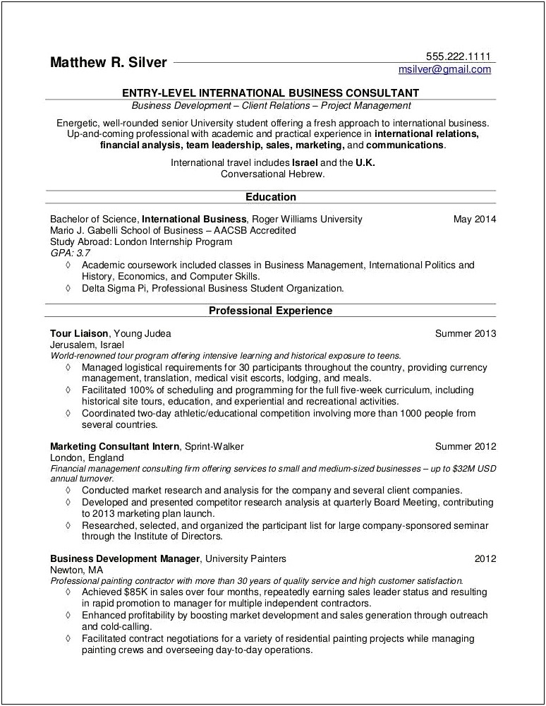 Business Resume Example For Recent College Graduate