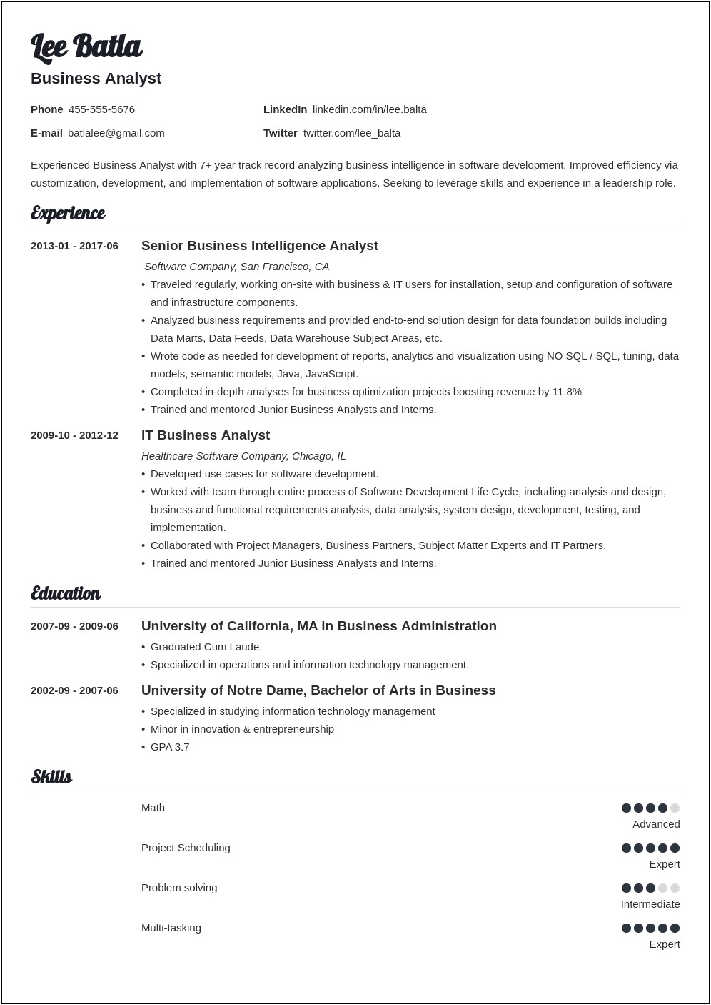 Business Systems Analyst Resume Cover Letter