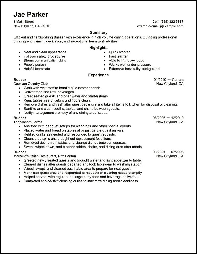 Busser Work Related Skills Resume Examples