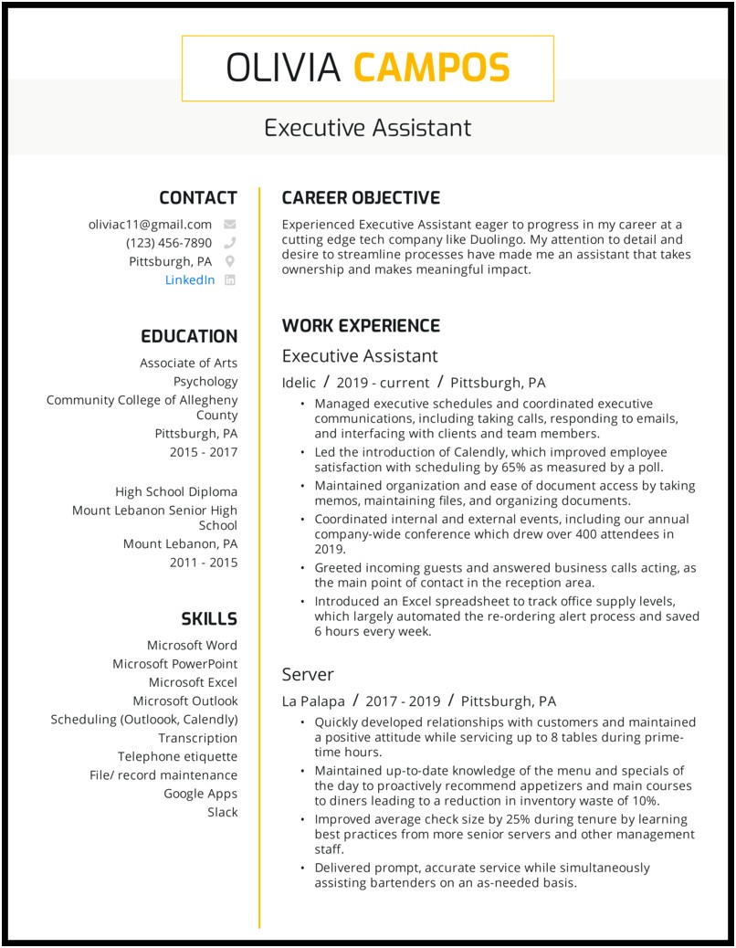 C Level Executive Assistant Resume Sample