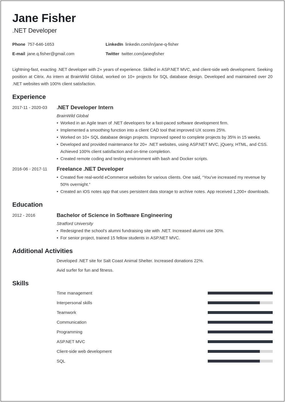 C Net 1 Year Experience Resume