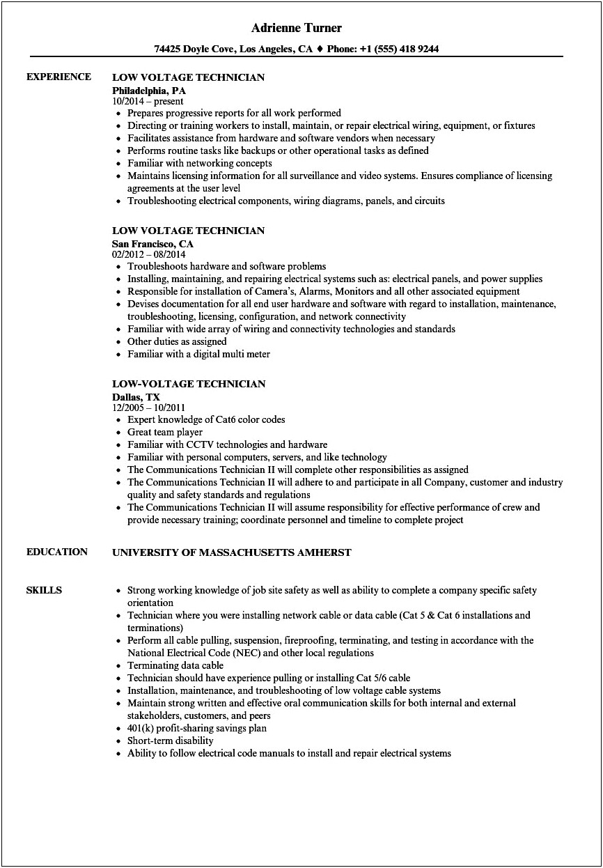 Cable Technician Sample Resume With No Experience