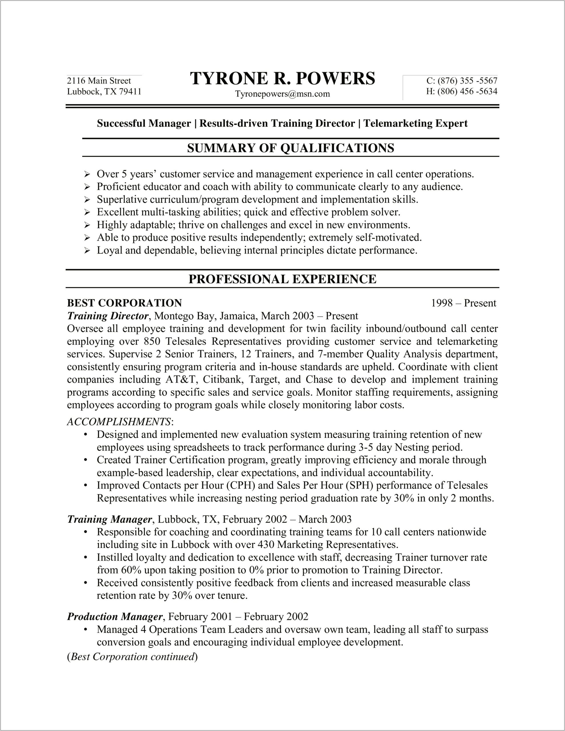 Call Center Resume Sample With Experience