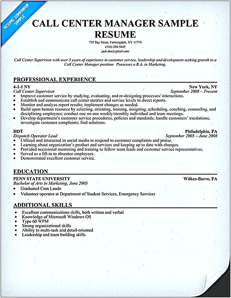 Call Center Resume Skills And Abilities