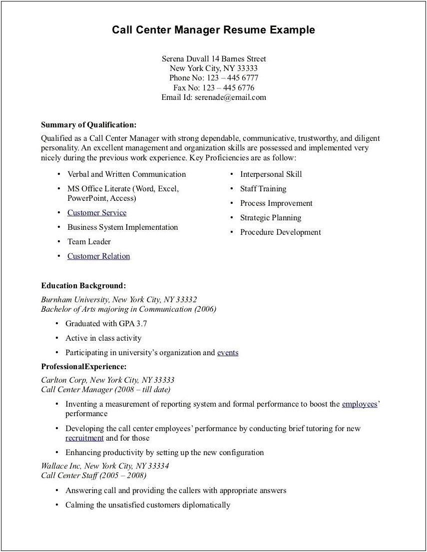Call Center Resume Template Free Download