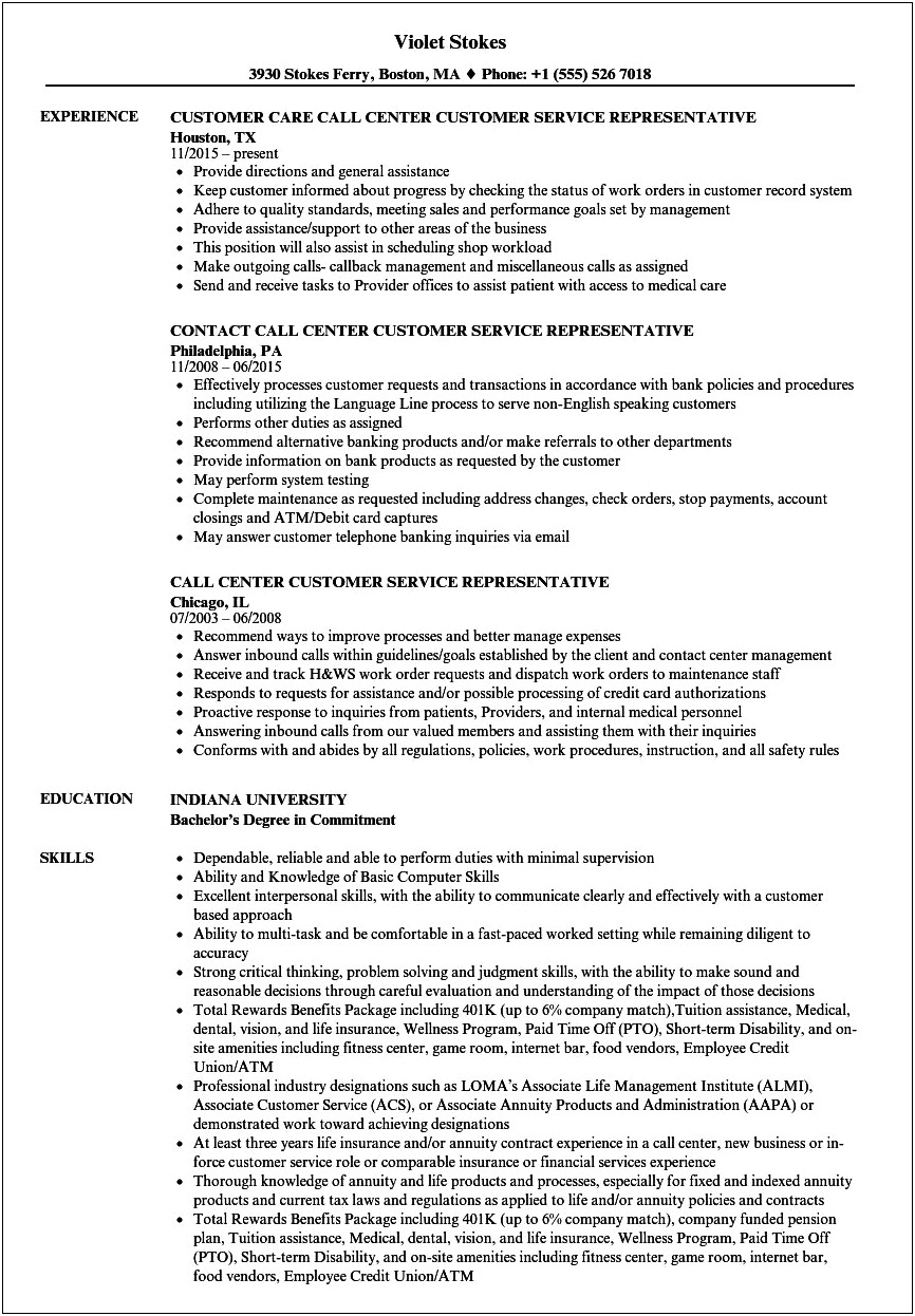 Call Center Sales Job Description For Resume