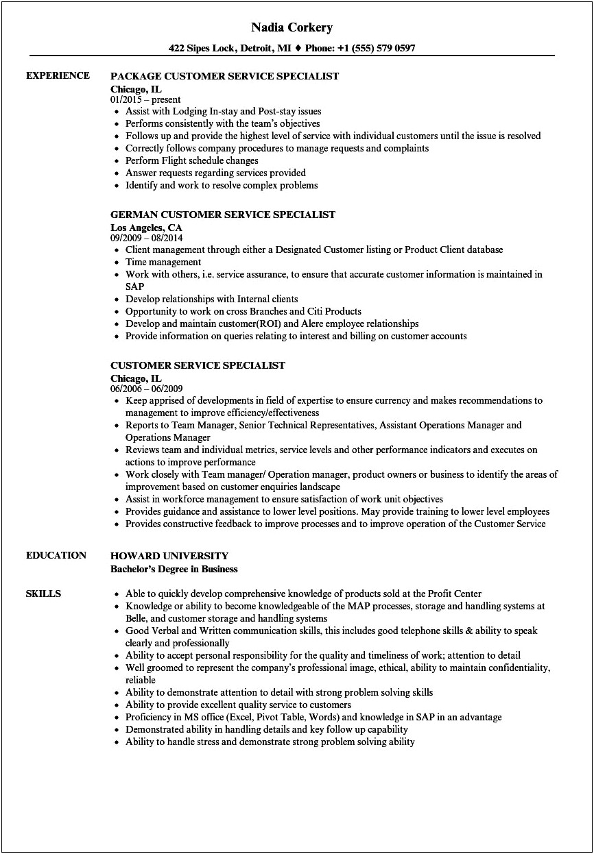 Call Center Specialist Job Description Resume
