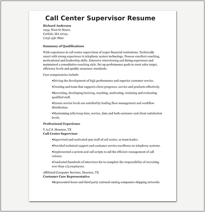 Call Center Supervisor Resume Job Description