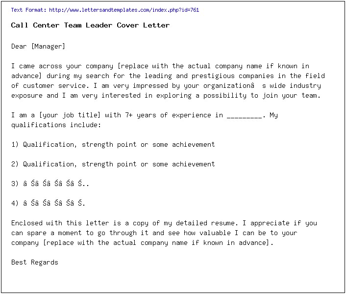 Call Center Team Lead Resume Sample