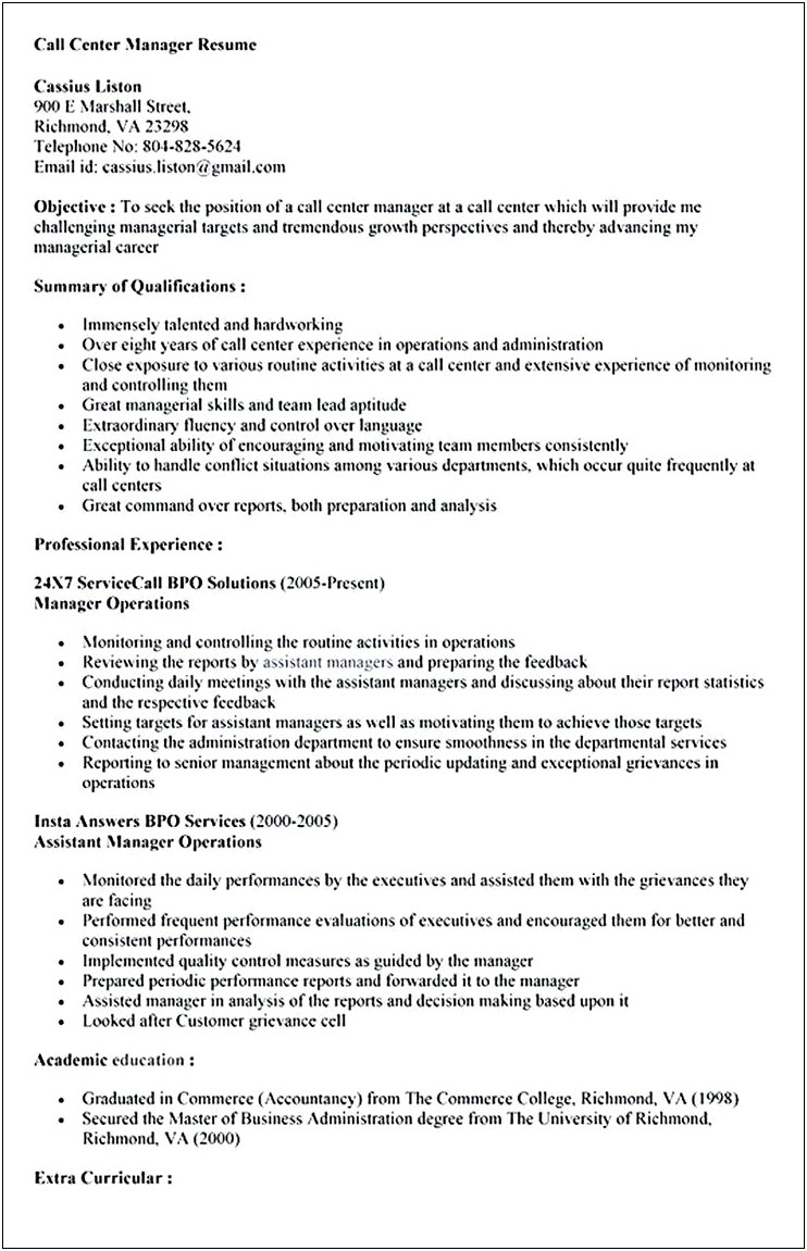 Call Center Team Leader Job Description For Resume