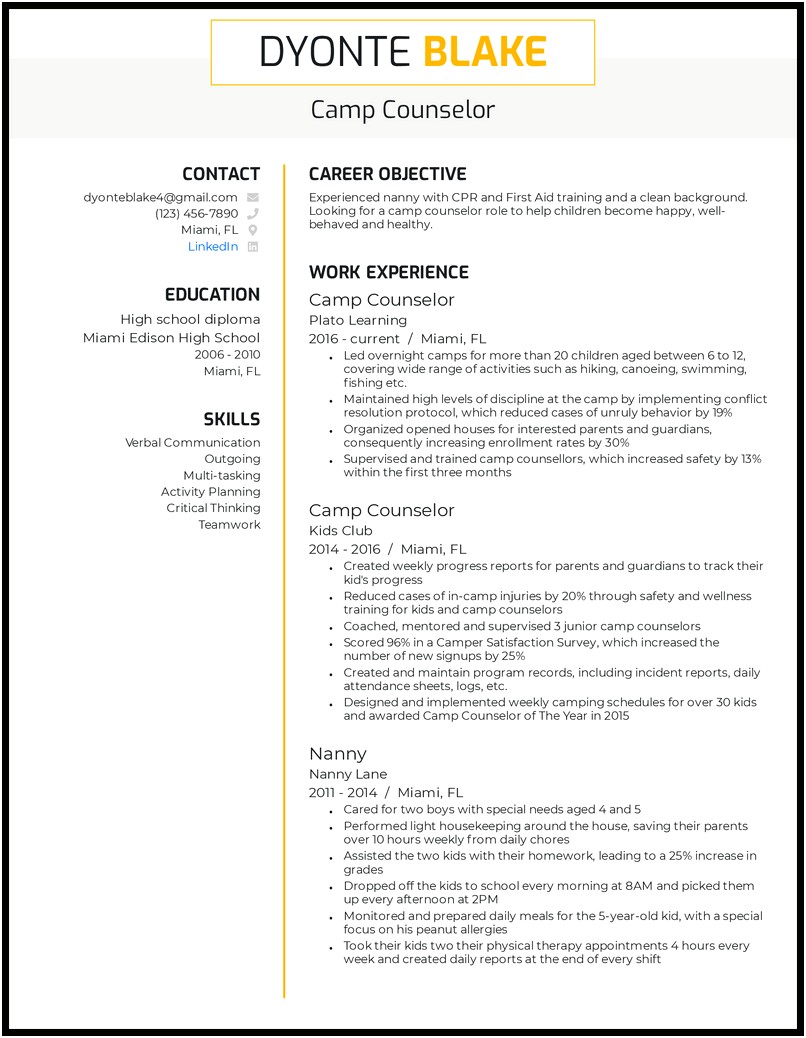 Camp Counselor Job On A Resume