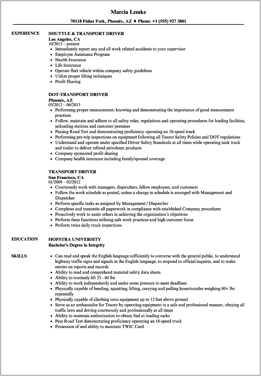 Car Hauler Job Description For Resume