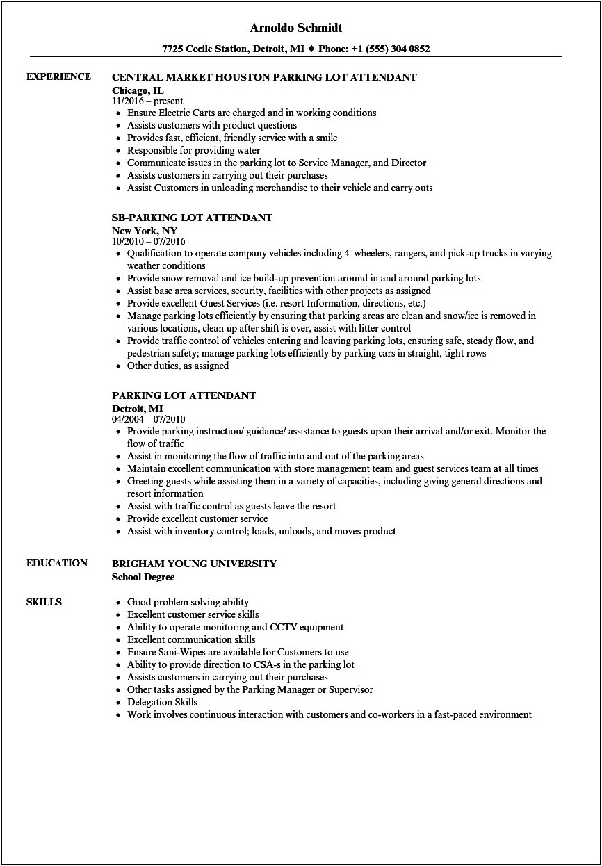 Car Lot Attendant Job Description Resume