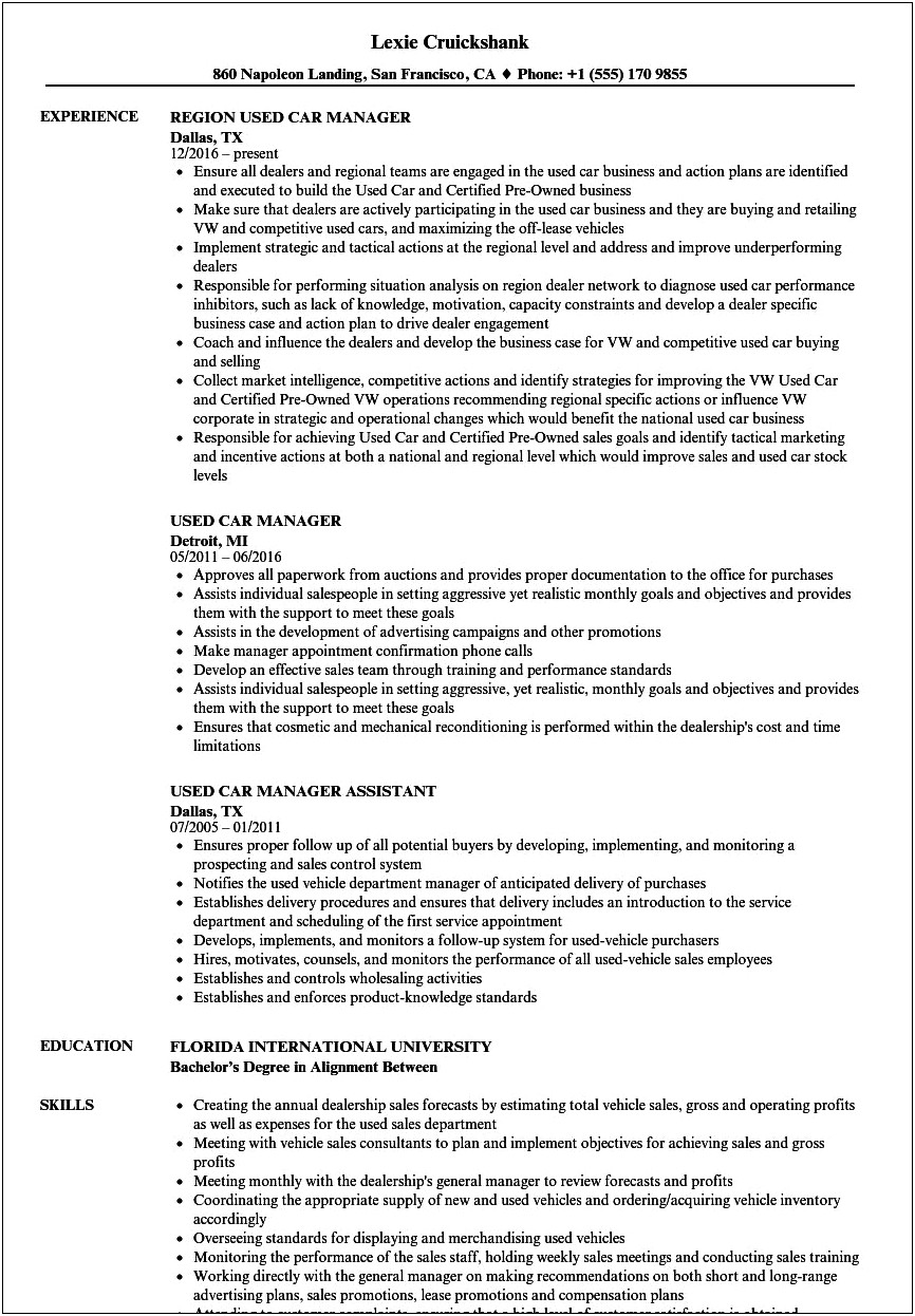 Car Salesman Job Description Resume Sample